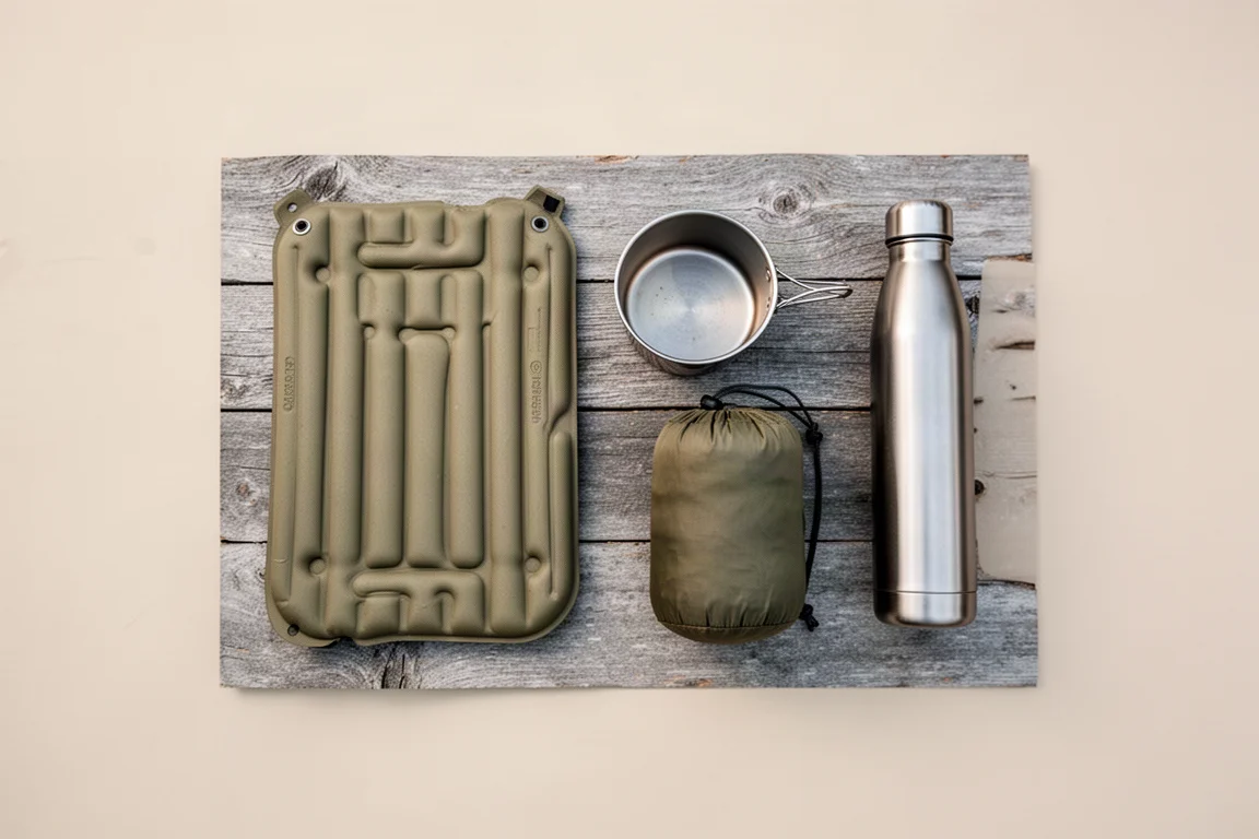Compact backpacking gear laid out on weathered wood before a trip