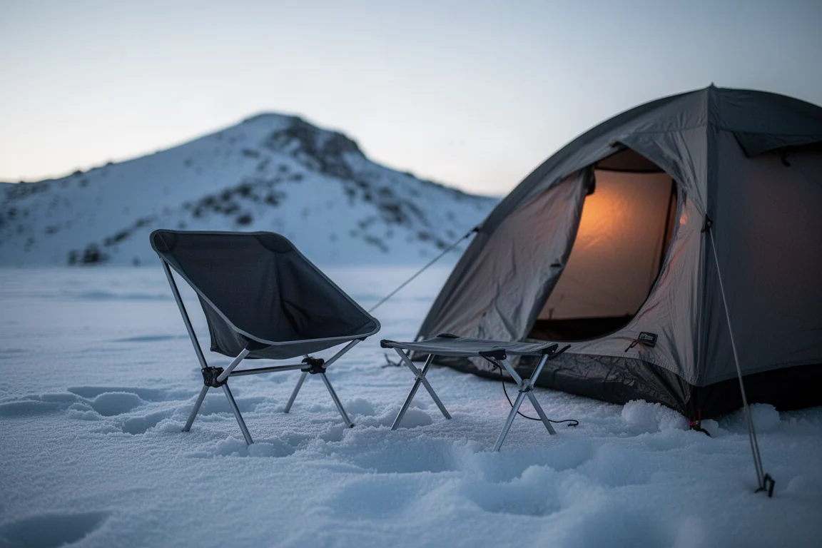 Small ultralight camp chair set up in snow beside a tent at dusk