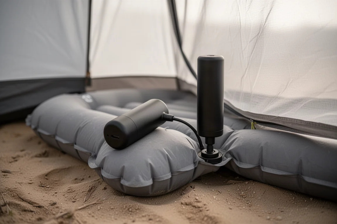 Small electric pump inflating a sleeping pad inside a tent