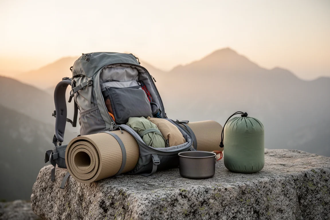 Packed backpack and gear organised on granite at sunrise