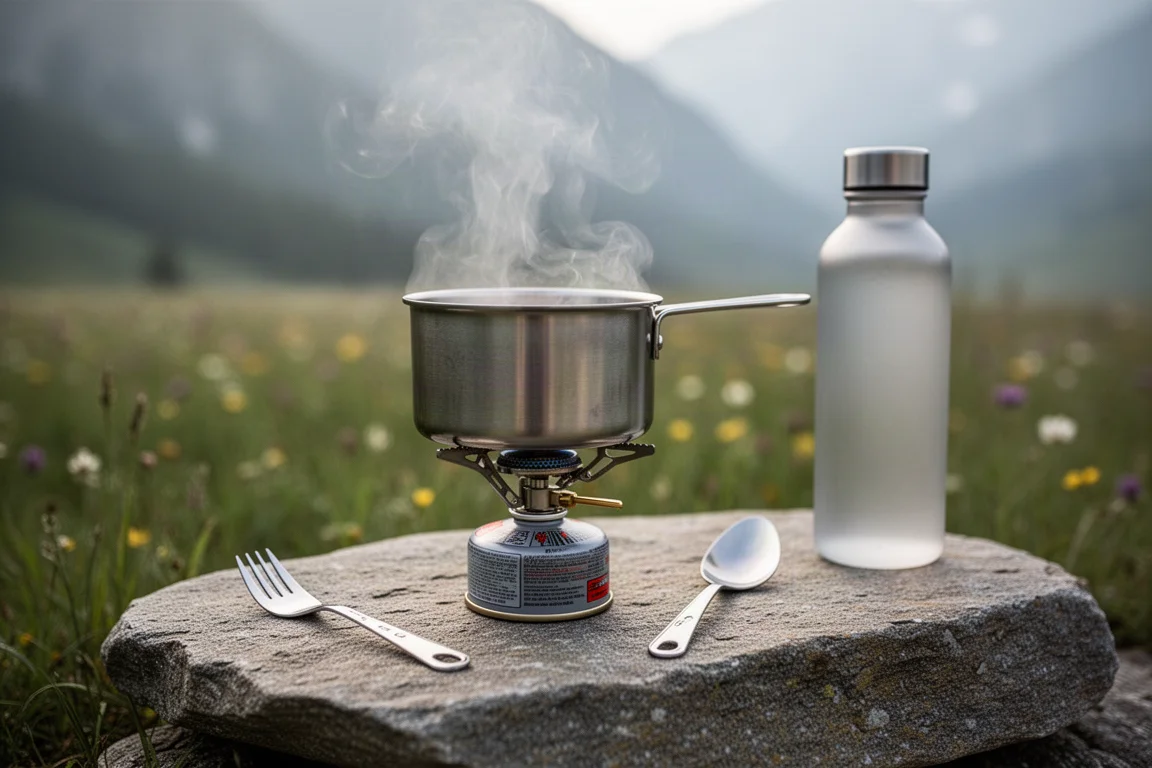 Petite casserole en inox fumante sur un réchaud à cartouche compact dans une prairie alpine