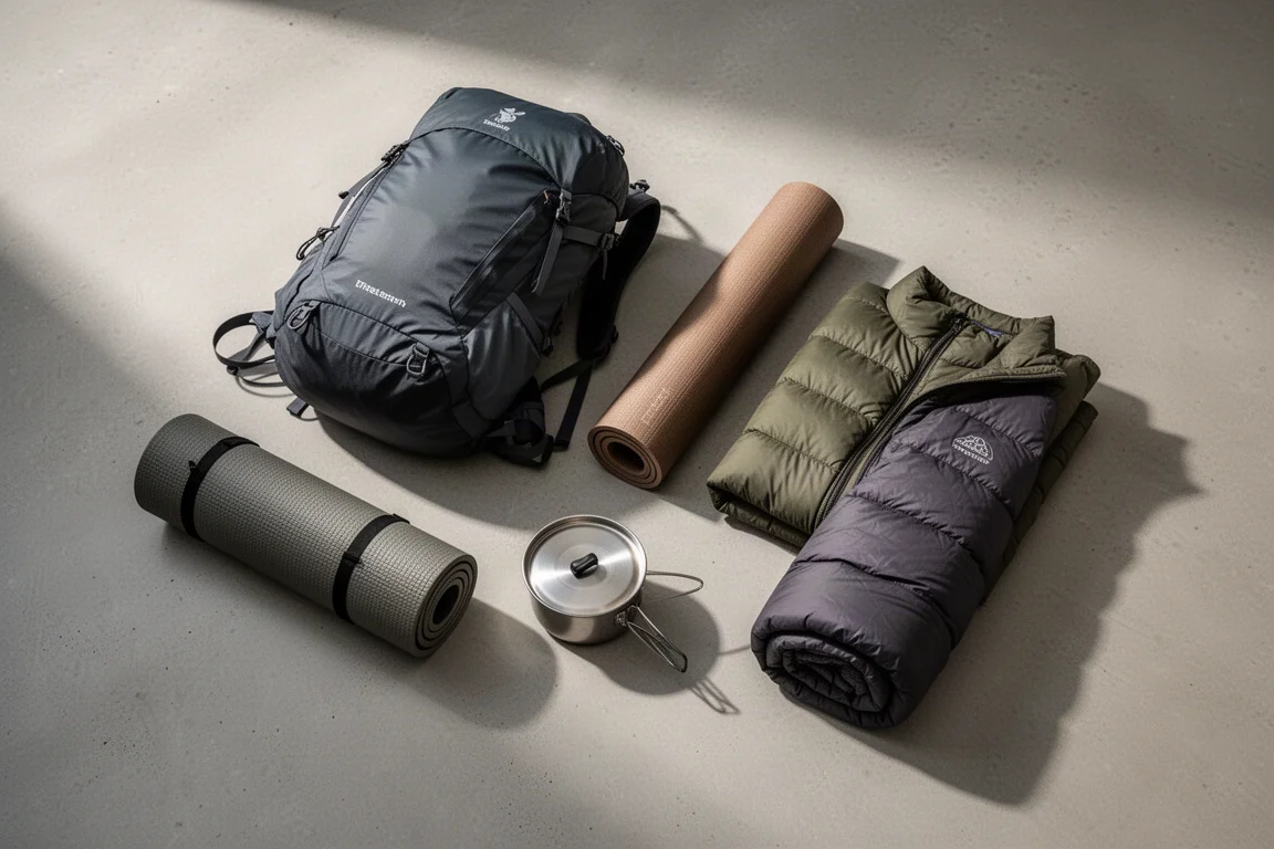 Overhead arrangement of backpacking gear on a matte concrete surface in neutral tones