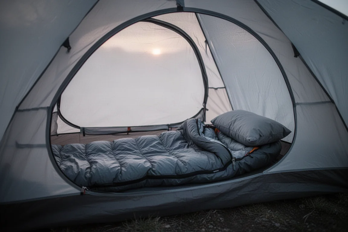 Backpacker schläft im Morgengrauen warm in einem Daunenschlafsack in einem Zelt