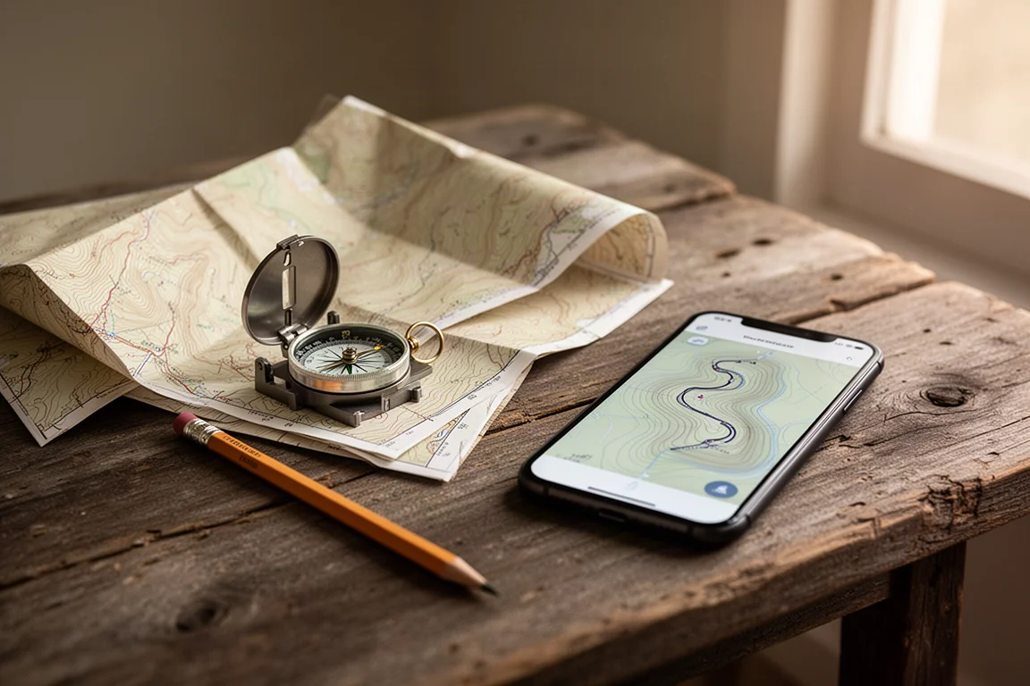 Papierkarte und Kompass neben einem Smartphone mit Wanderkarte auf einem Holztisch