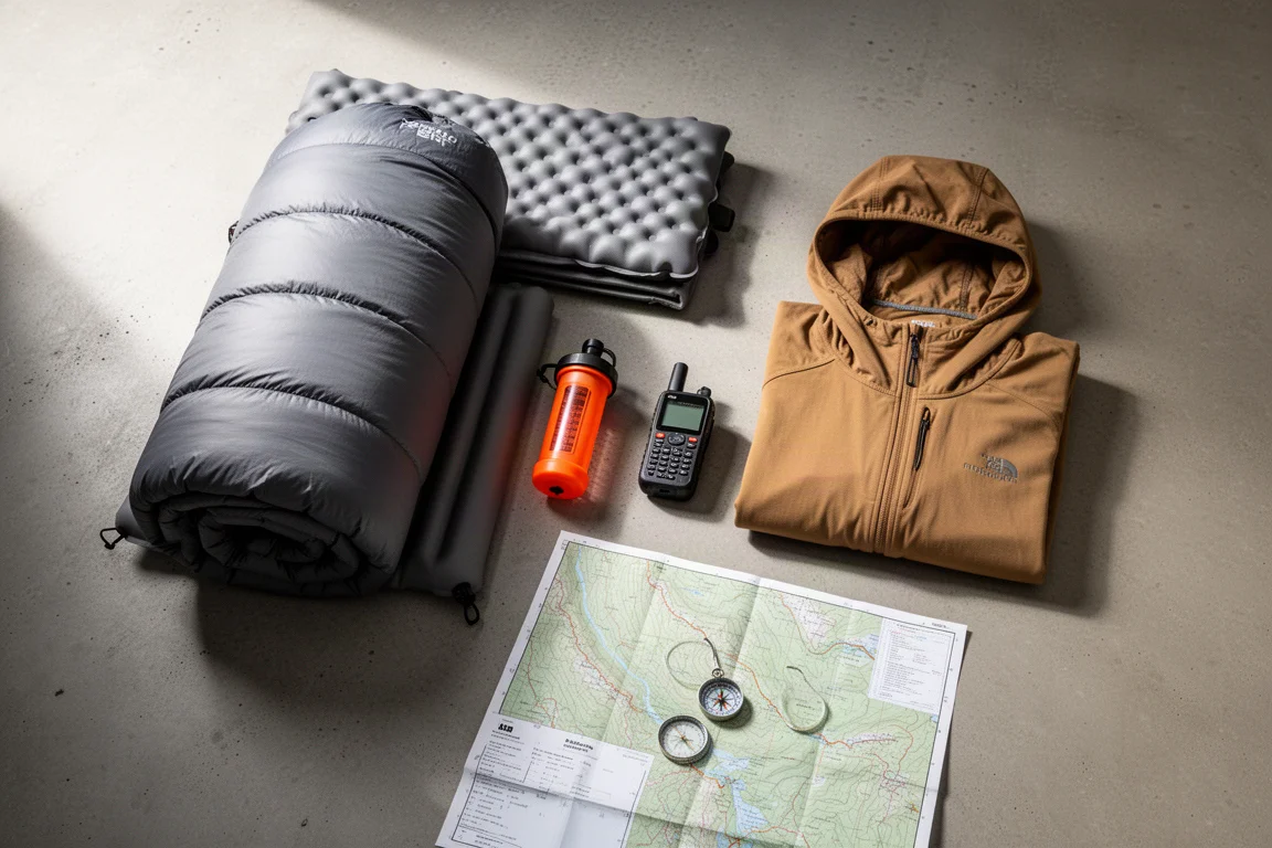 Flat lay of backpacking gear including sleeping bag, pad, filter, communicator and sun hoodie