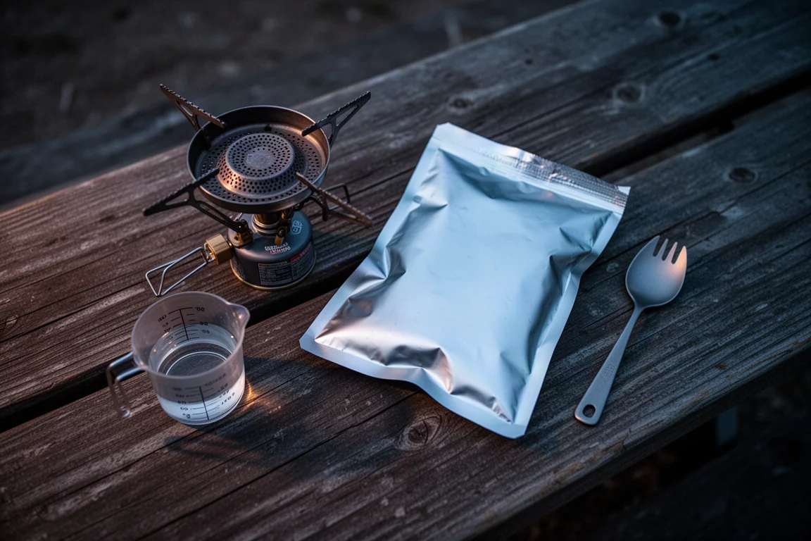 露營爐在木桌上加熱一個錫紙餐袋,旁邊放著一小杯水