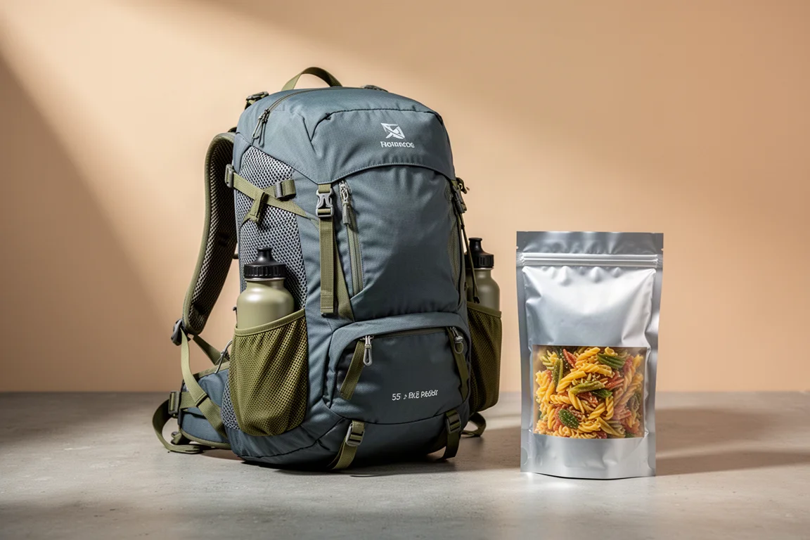 Grey 55-litre hiking backpack and a plain silver freeze-dried meal pouch on concrete