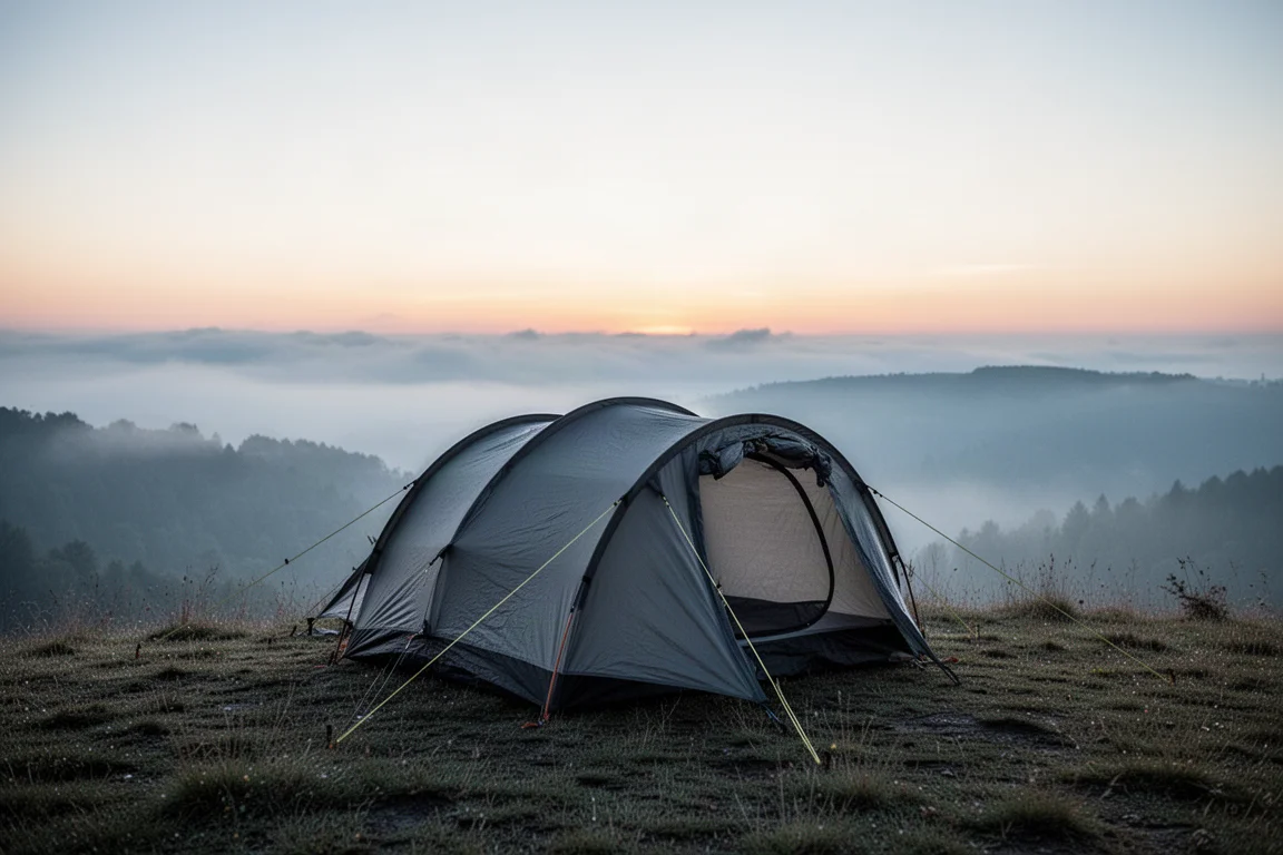 Tenda tunnel dal profilo basso assicurata con tiranti su un crinale esposto all'alba