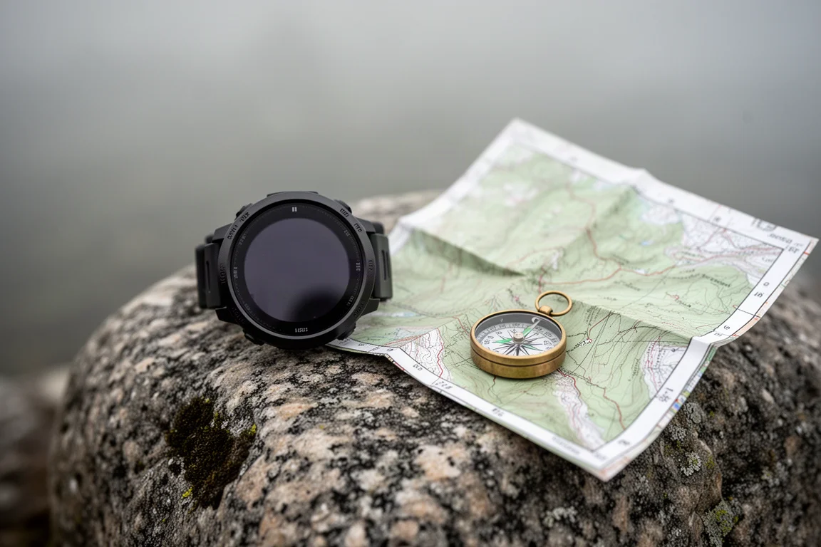 Orologio GPS multisport appoggiato su una roccia di granito accanto a una mappa cartacea piegata