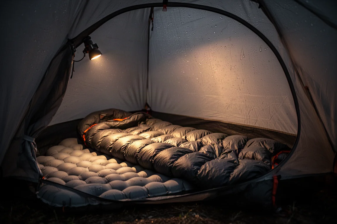 Interno della tenda di notte con materassino gonfiato e quilt sotto la luce della frontale