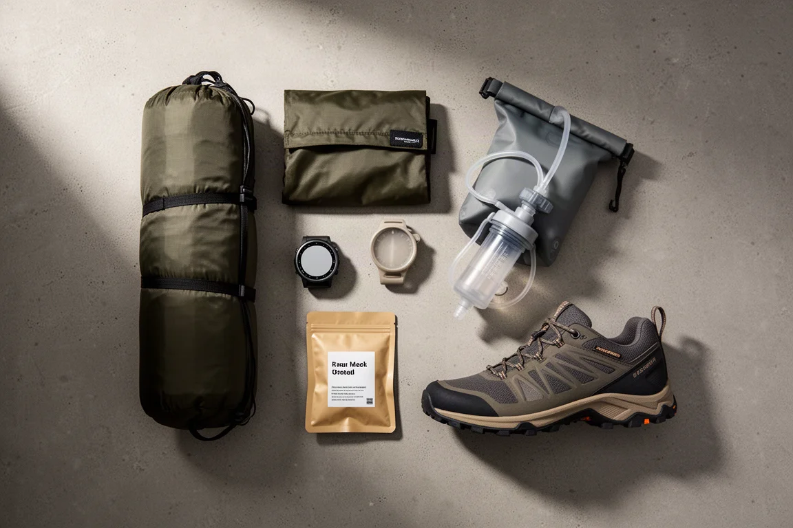 Overhead flat-lay of backpacking gear including a tent, GPS watch, meal pouch, filter, and hiking shoe