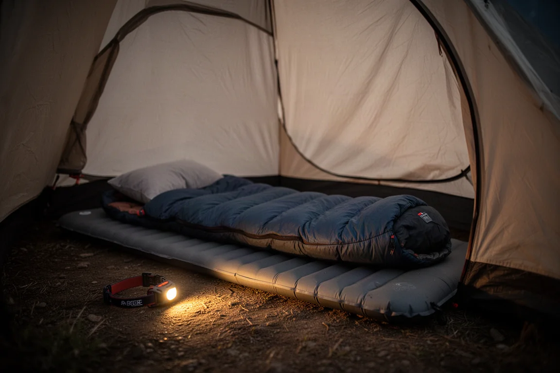 Quilt e stuoia isolante sistemati all'interno di un riparo basso da backpacking al crepuscolo