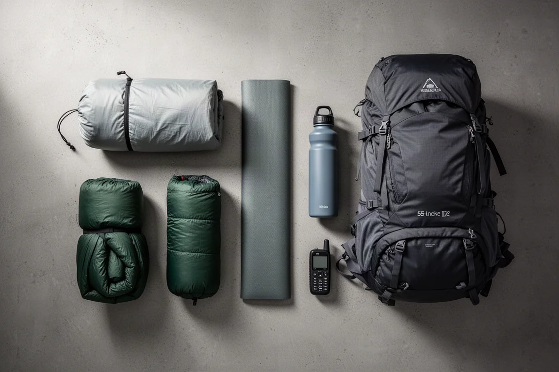Flat-lay of backpacking gear including a grey pack, quilt, sleeping pad, stove and rain jacket