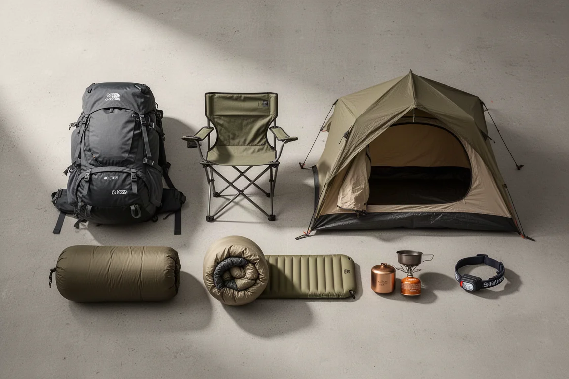 Overhead flat-lay of a backpacking kit with pack, chair, tent, sleeping bag, pad and cook pot