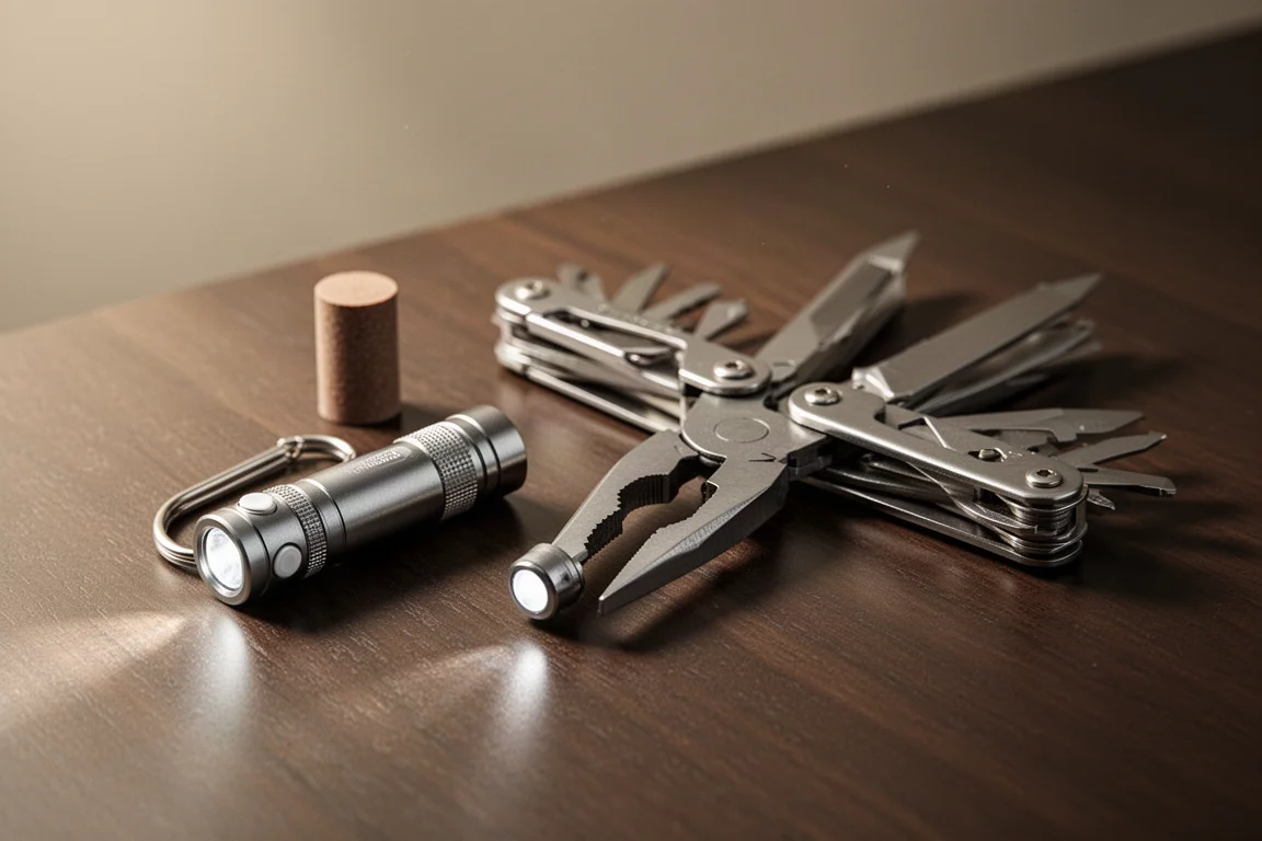 Klein zaklampje en compact multitool op een donker houten oppervlak