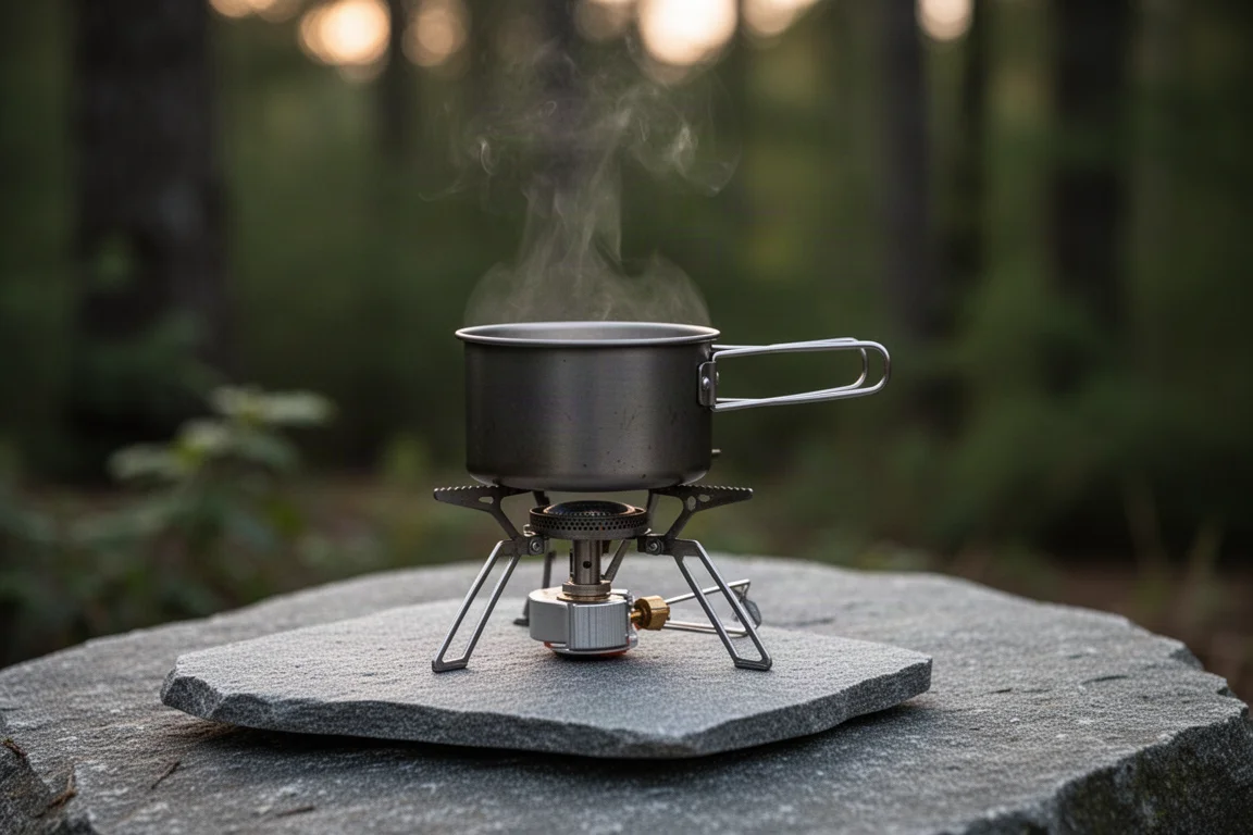 Kampeerkooktoestel kookt water naast een kookpot op een vlakke rots
