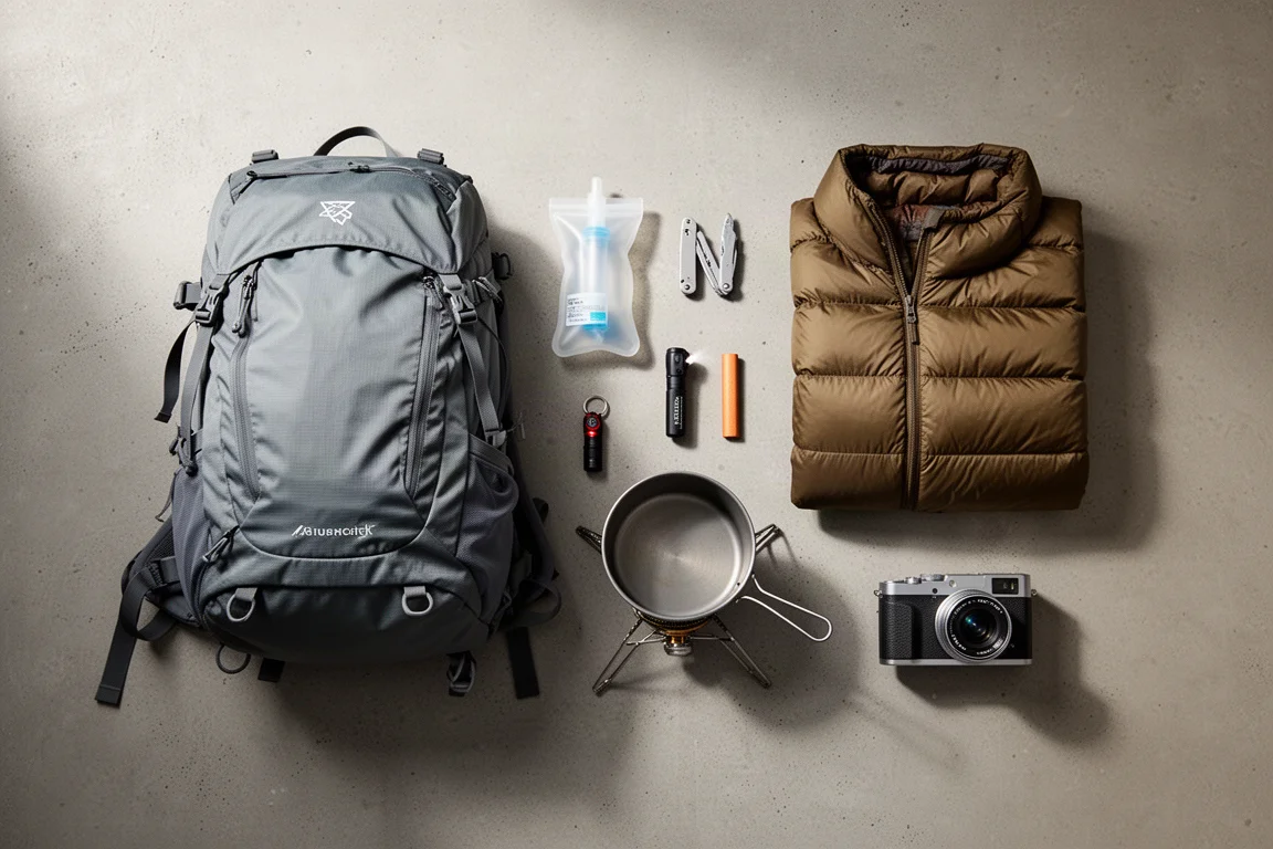 Flat-lay of backpacking gear including backpack, water filter, flashlight, multi-tool, down jacket, stove, and camera on concrete
