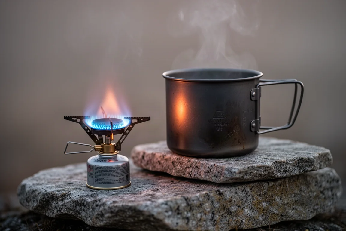 Litet gasolkök som brinner bredvid en titankastrull på granit i gryningen