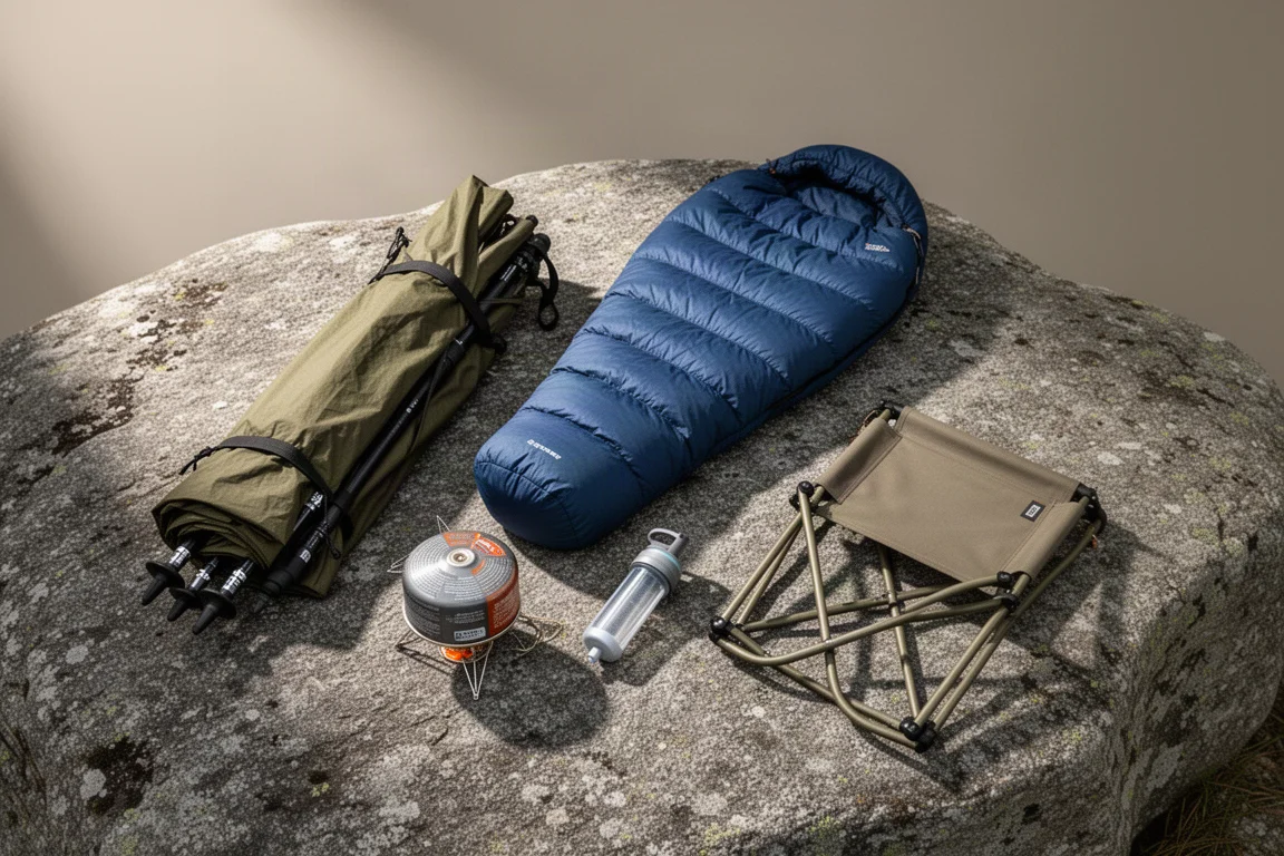 Flat-lay of backpacking gear including a shelter, sleeping bag, stove, filter and chair on granite
