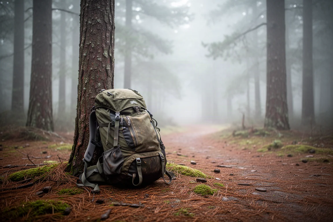 Geladen wandelrugzak leunend tegen een dennenboom bij een mistige bos-trailhead