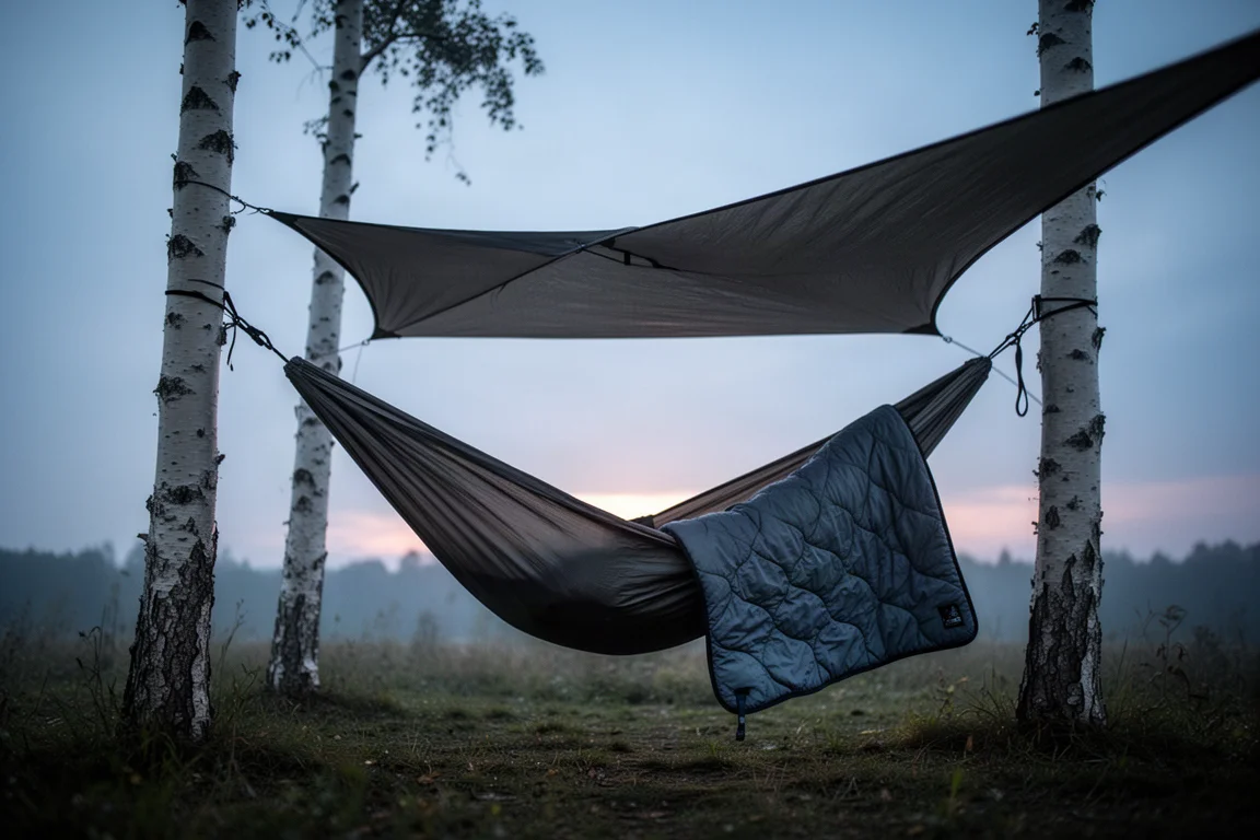 Kampeerhangmat met een topquilt opgehangen tussen twee berkenbomen in de schemering