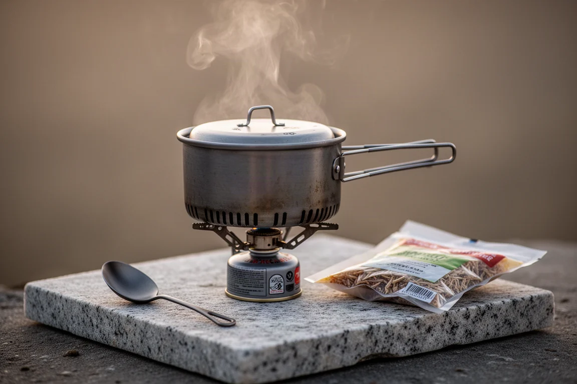 Kleine metalen kookpan op een canisterbrander met opstijgende stoom op een kampeerplaats