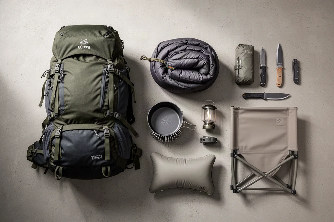 Overhead flat-lay of backpacking gear including a backpack, hammock, quilt, cook pot, lantern, and knives