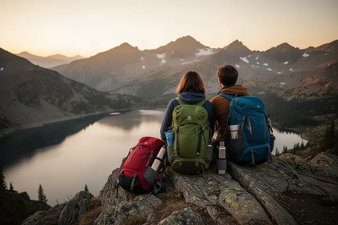 Two backpackers resting on a rocky outcrop with packs at dusk