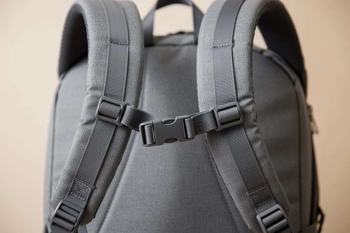 Close-up of frameless backpack shoulder strap