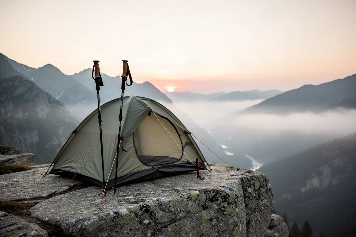 Ultralight tent pitched on a granite ledge at sunrise