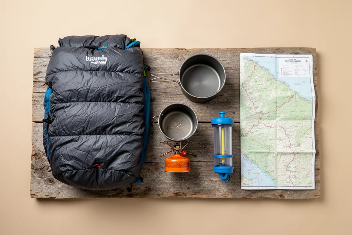 Flat-lay of ultralight backpacking gear on wooden surface