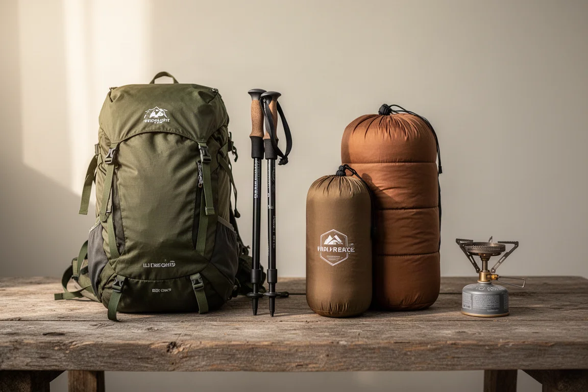 Two ultralight backpacking setups side by side on wooden surface