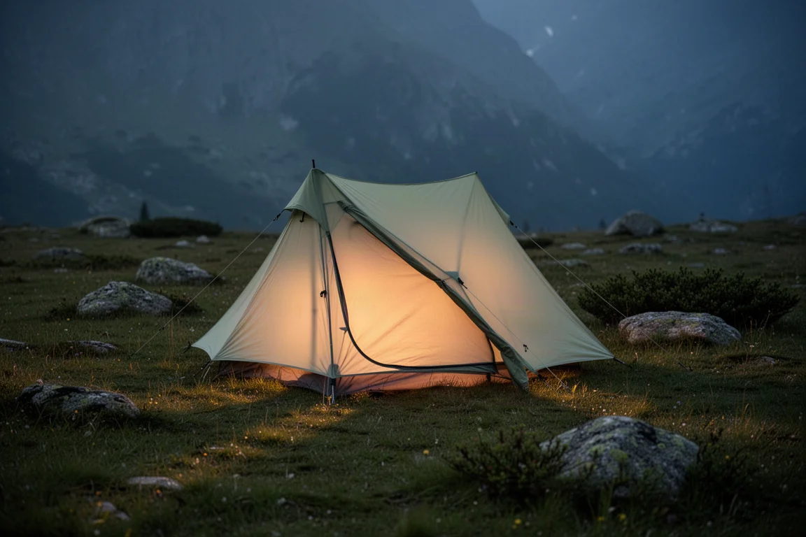 Refugio ligero iluminado con luz cálida en una pradera alpina al atardecer