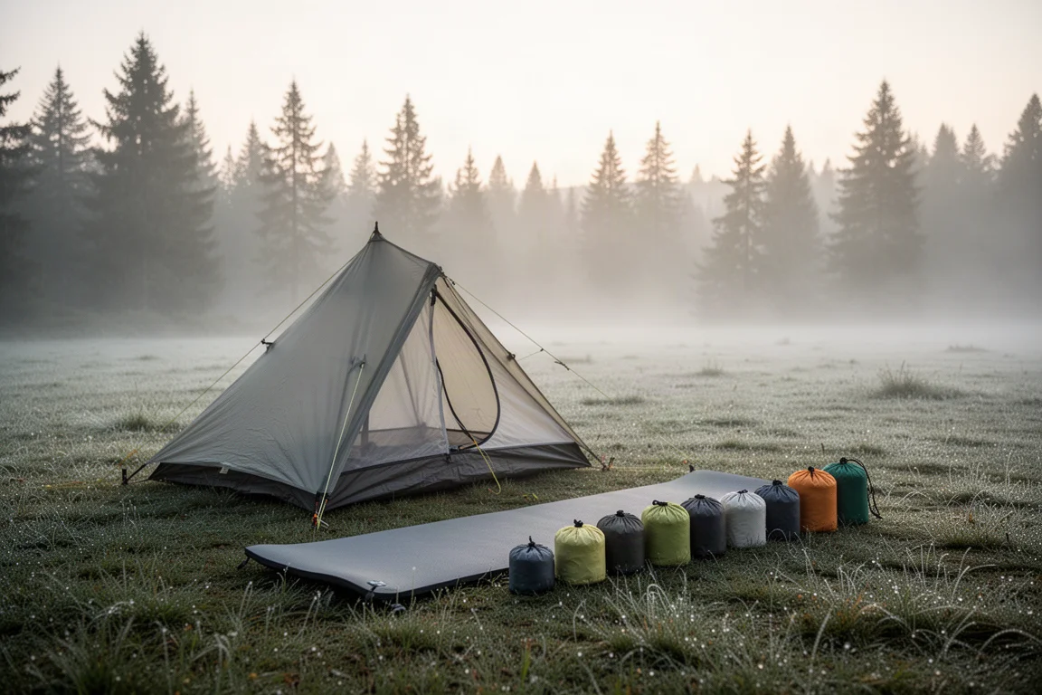 Zona de acampada al amanecer con refugio, esterilla y bolsas de organización sobre la hierba