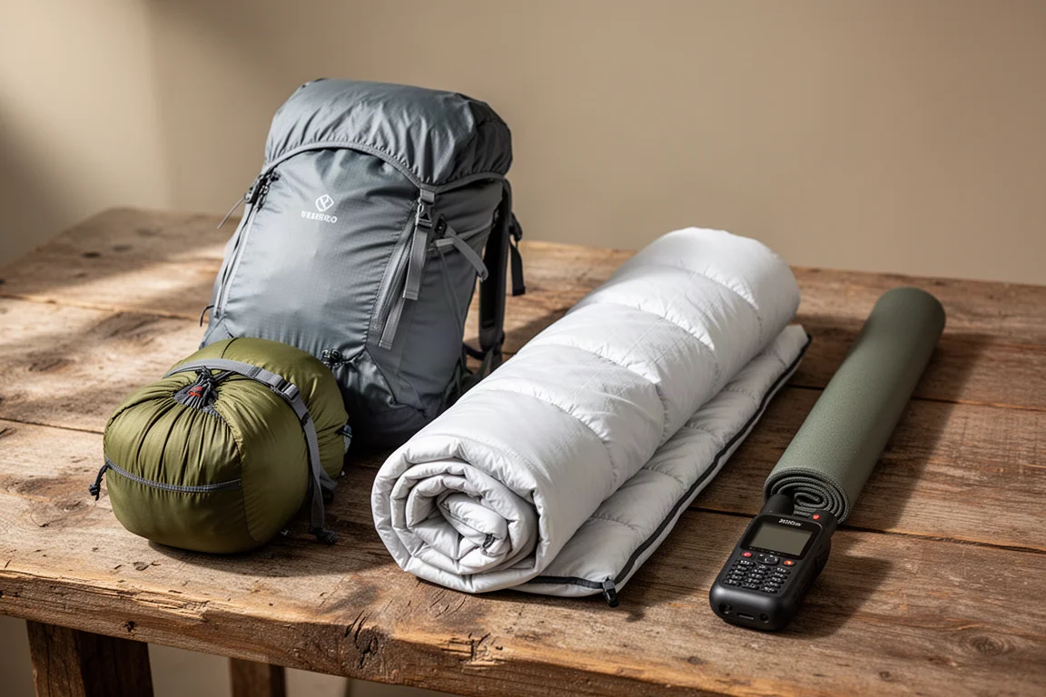 Due kit da zaino ultraleggeri disposti fianco a fianco su una superficie di legno