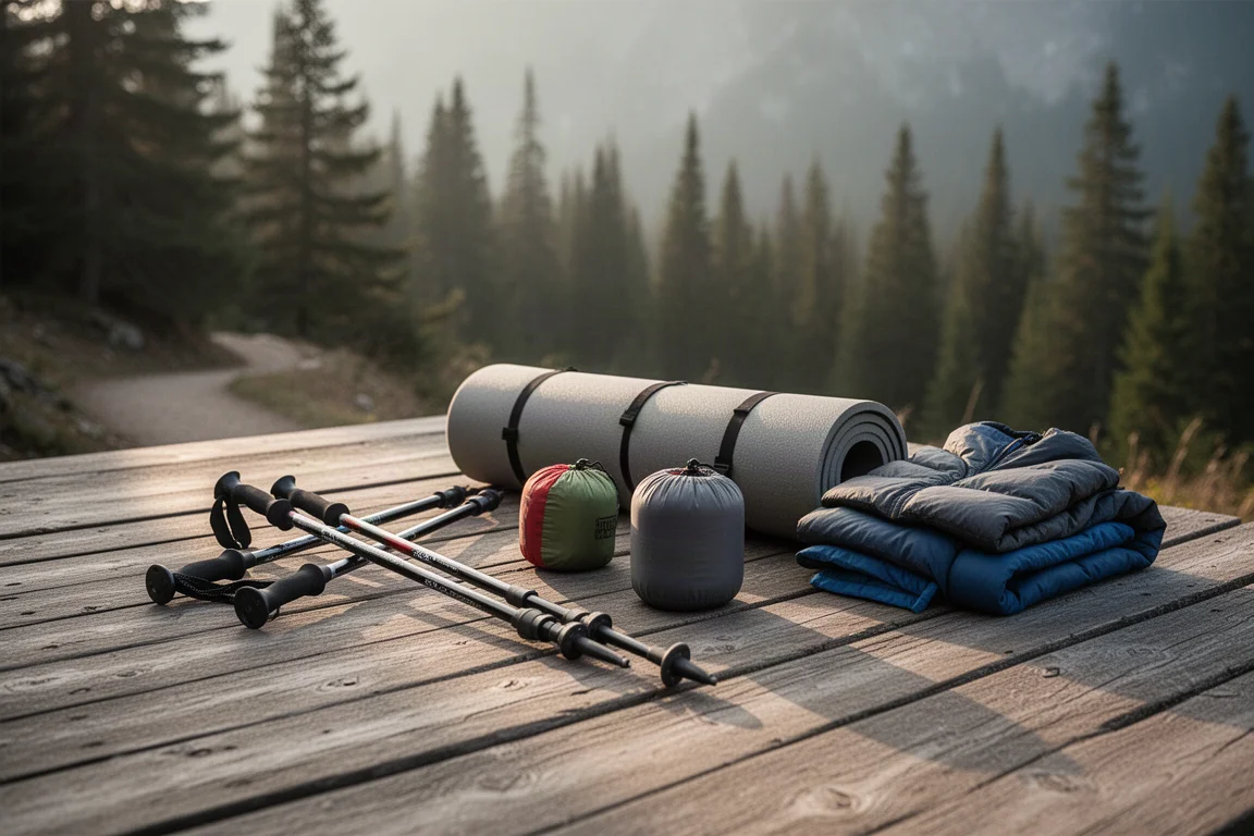 Attrezzatura da backpacking disposta su una piattaforma di legno accanto a un sentiero di montagna