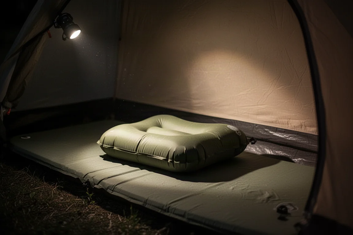 Cuscino da campeggio gonfiabile appoggiato su un materassino all'interno di una tenda di notte