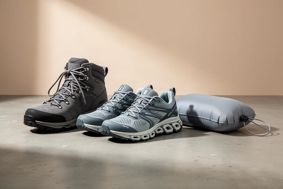 Hiking boot, trail running shoes, and inflatable camping pillow arranged on concrete