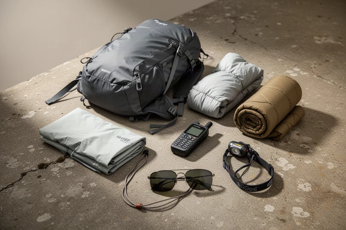Ultralight backpacking gear arranged on a weathered concrete surface