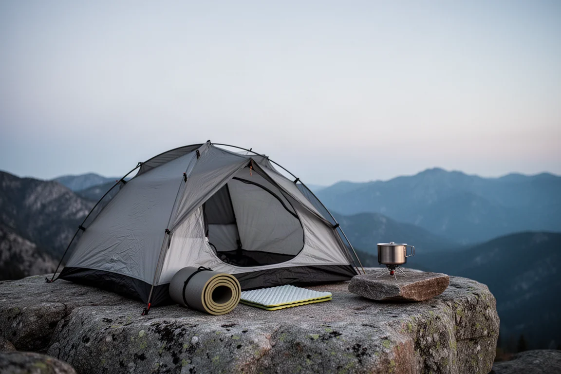 Tenda ultraleggera montata su una cengia di granito al crepuscolo con un materassino nelle vicinanze