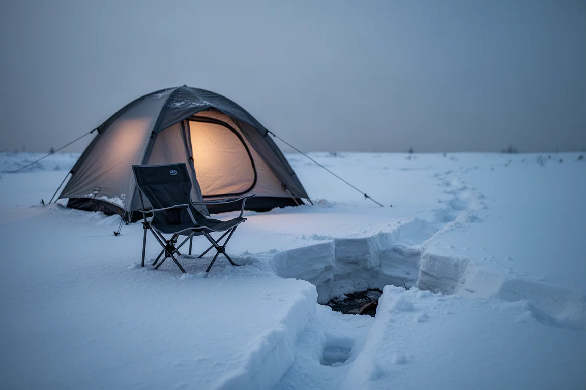 Campeggio invernale nell'ora blu con una piccola sedia pieghevole accanto a una trincea nella neve