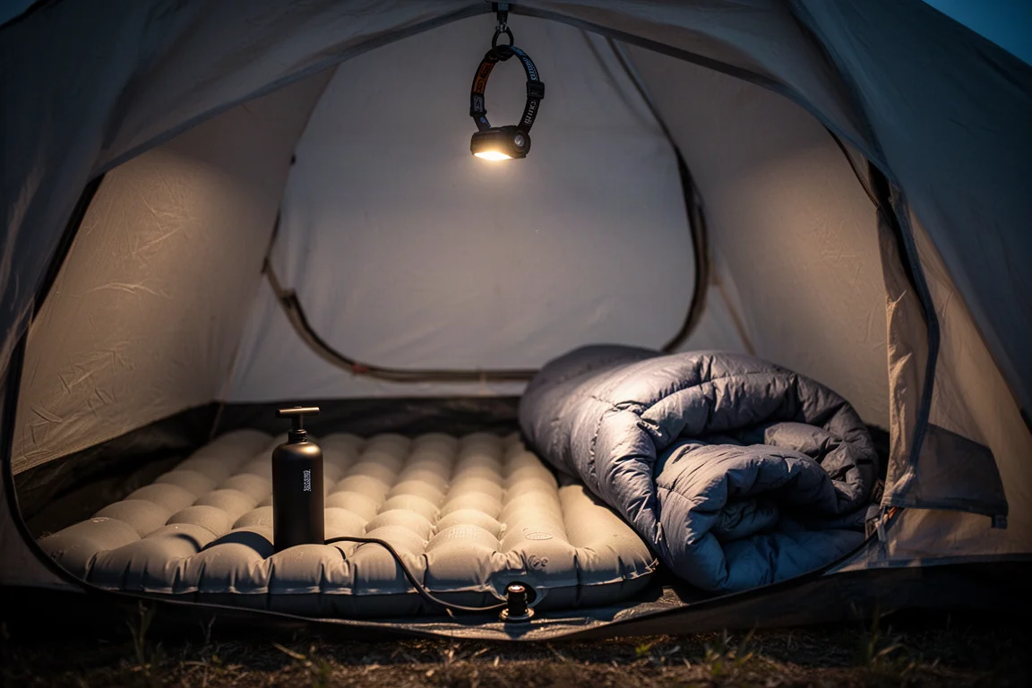 Materassino gonfiato all'interno di una piccola tenda illuminata da una lampada frontale appesa
