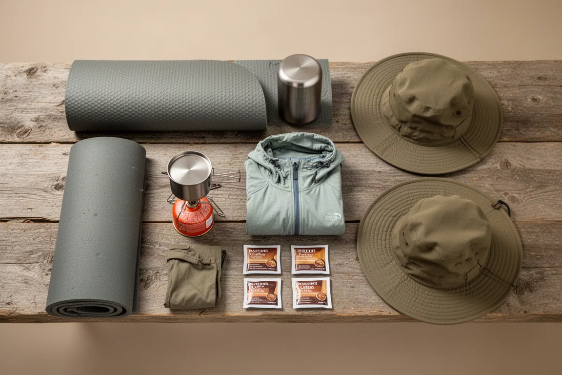 Vista dall'alto a piastra di essentials da backpacking su legno usurato