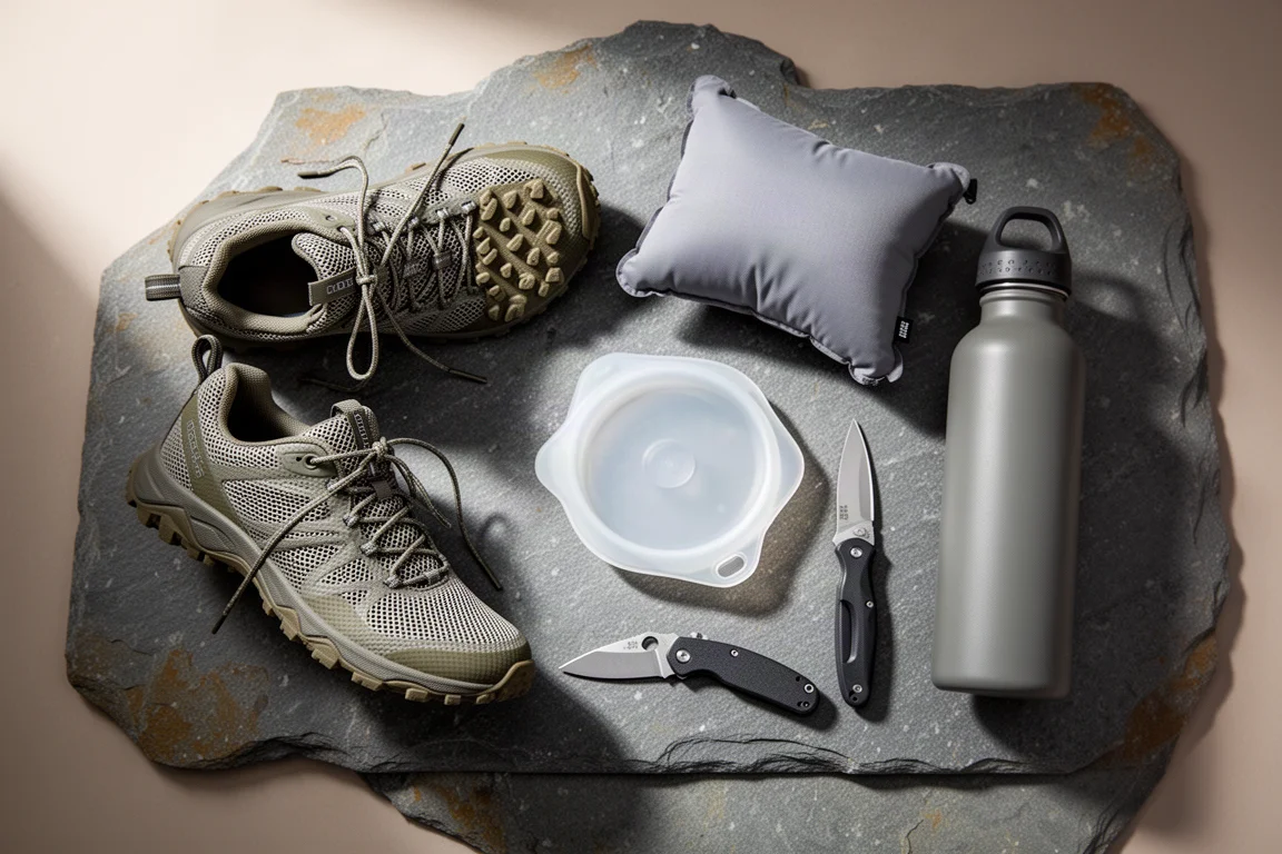 Flat lay of backpacking gear including trail shoe, camp pillow, pot lid, knife and water bottle
