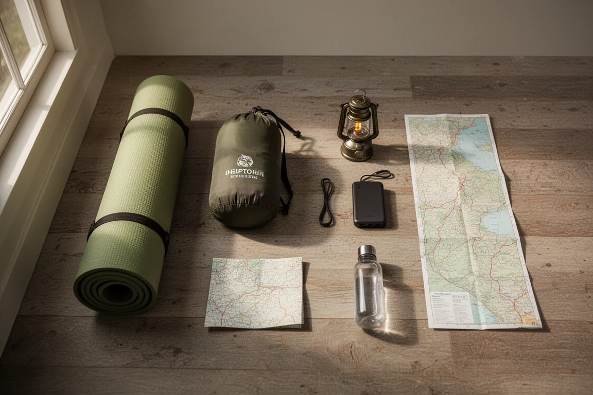 Backpacking-utrustning utlagd i ett prydligt rutnät ovanifrån på ett trägolv