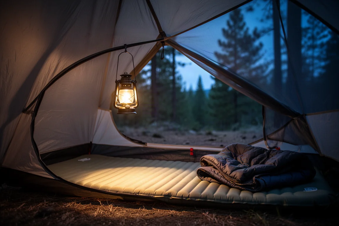 En liten campinglykta som lyser inuti en öppen tältabsid i skymningen