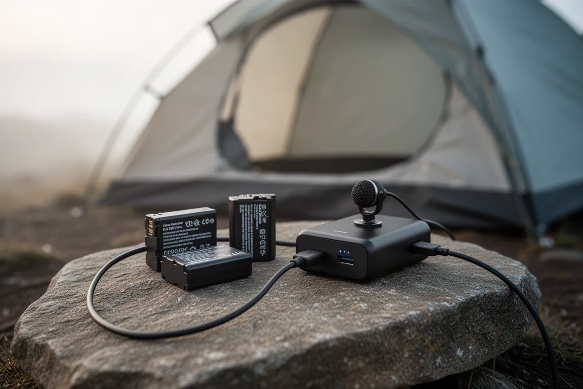 Kamerabatterier och mikrofon laddas från en powerbank på en sten