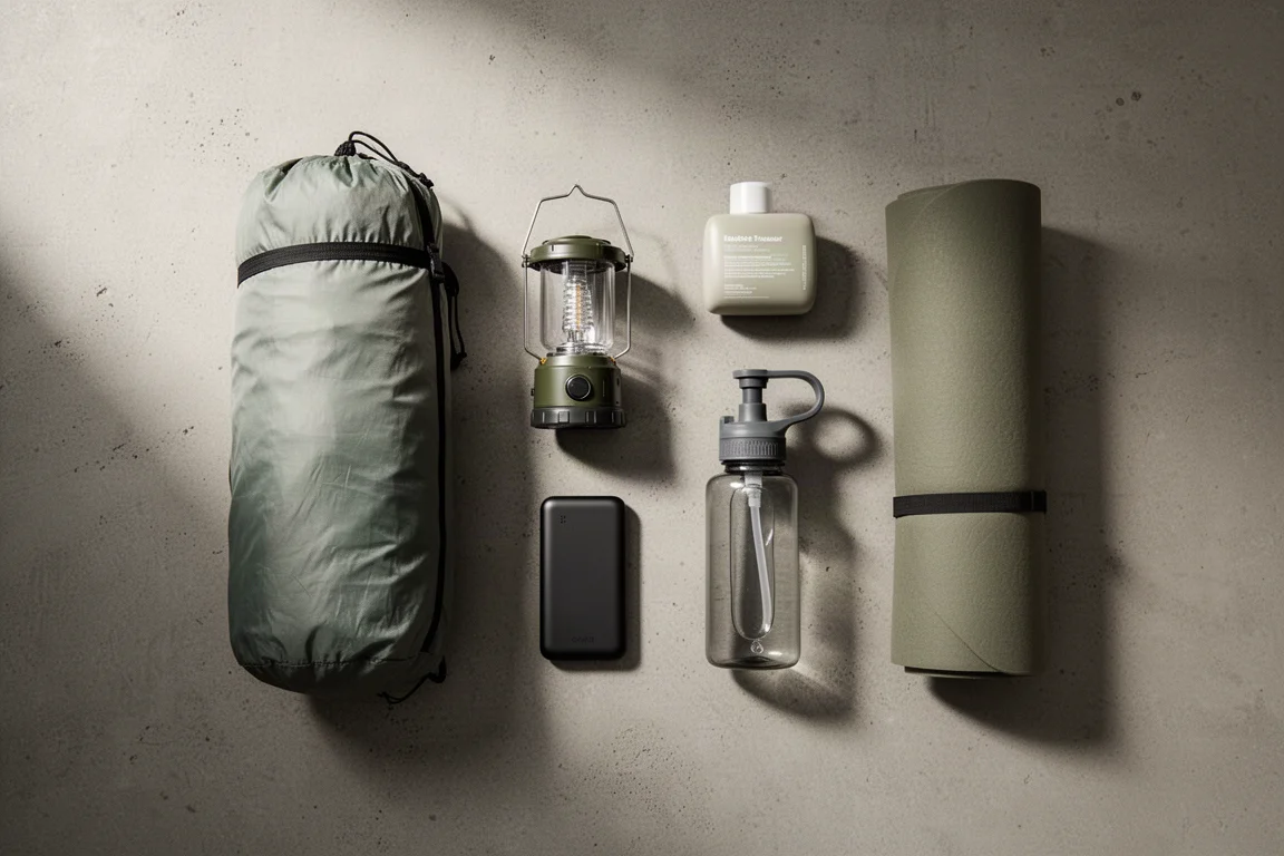 Backpacking gear flat-lay with tent, lantern, power bank, purifier and sleeping pad