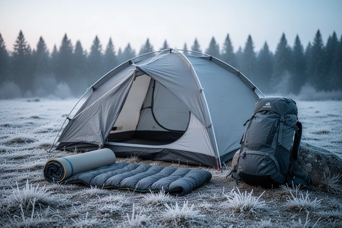Campo innevato all'alba con tenda, materassino, quilt e zaino