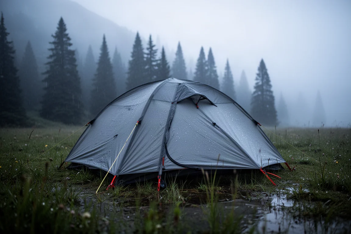 Leichtes Backpacking-Zelt auf einer nassen alpinen Wiese im Morgengrauen mit Nebel im Hintergrund